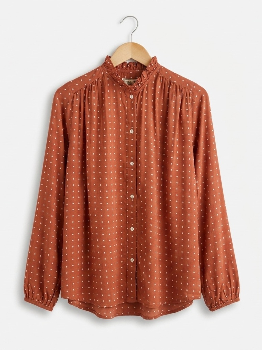 MILLE Rust Polka Dot Ruffle Neck Viscose Blouse Terracotta Boho Small